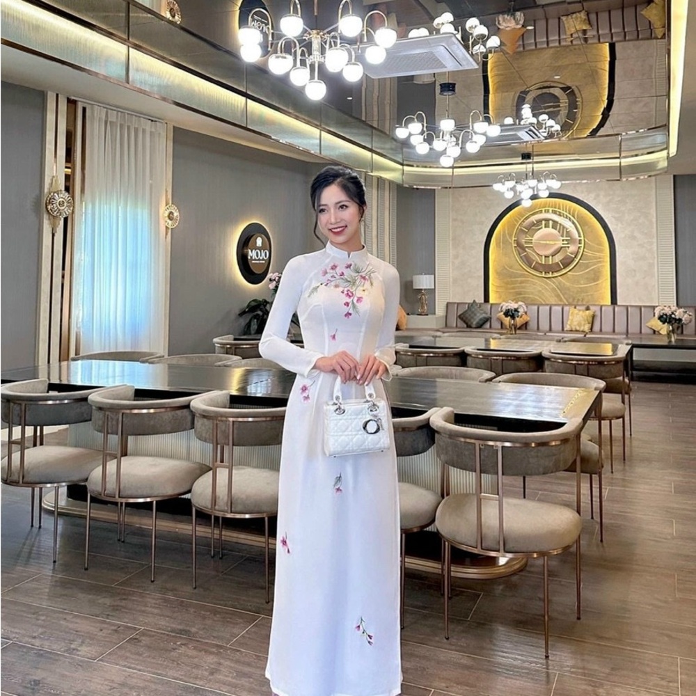 Ivory white Vietnamese traditional Ao Dai long dress embroidery, including pants